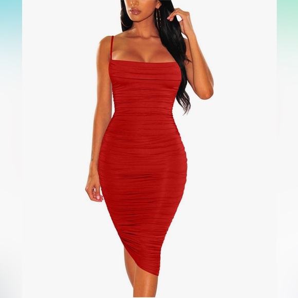 Women's Ruched Spaghetti Strap Bodycon Party Club Midi Dress Red Sz Small - Picture 1 of 11